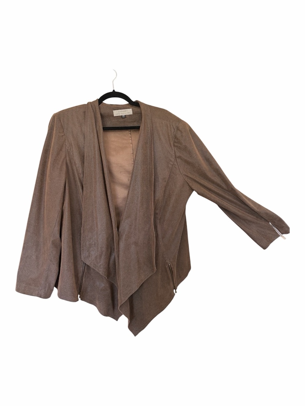 Brown Taupe Draped Open Front Jacket with zipper accents